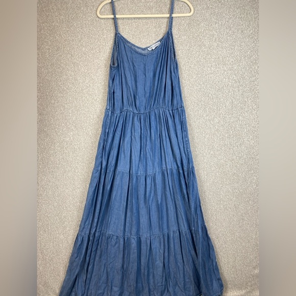 Inner Circle chambray denim maxi dress L full swing tiered skirt pockets cowgirl - Picture 3 of 10